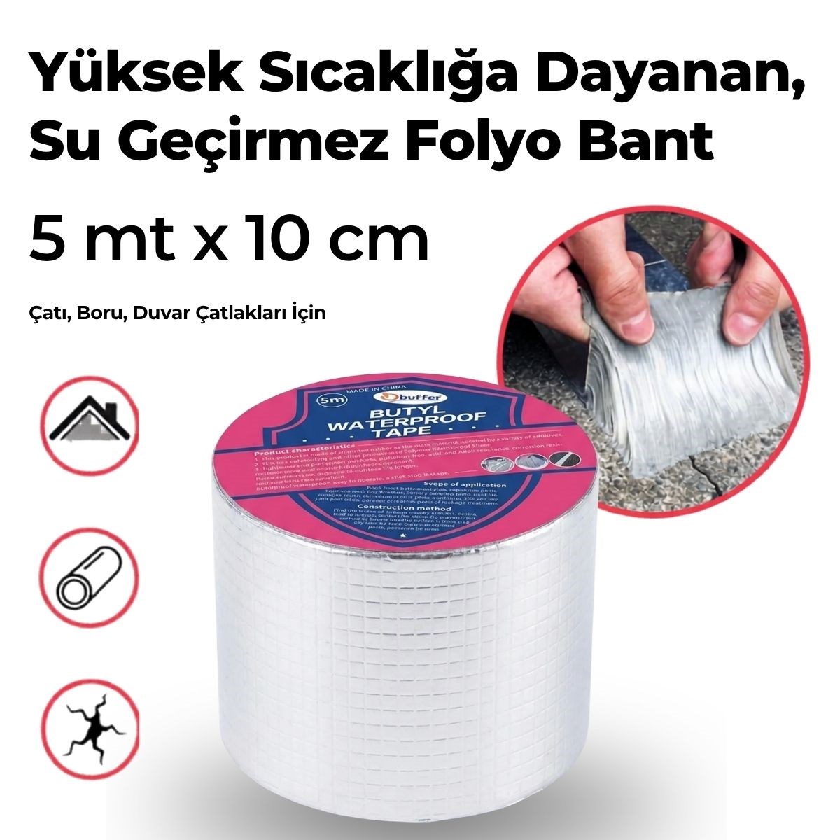 Buffer Yüksek Sıcaklık Dayanan Su Geçirmez Çatı Boru Duvar Çatlak Yapışkan Çamur Bant Folyo 5 mt x 10 cm Buffer Yüksek Sıcaklık Dayanan Su Geçirmez Çatı Boru Duvar Çatlak Yapışkan Çamur Bant Folyo 5 mt x 10 cm