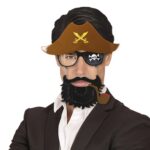 Mey İthalat® Kahve Renk Şapkalı Siyah Sakallı Pipolu Jack Sparrow Denizci Korsan Gözlüğü 24x25 cm