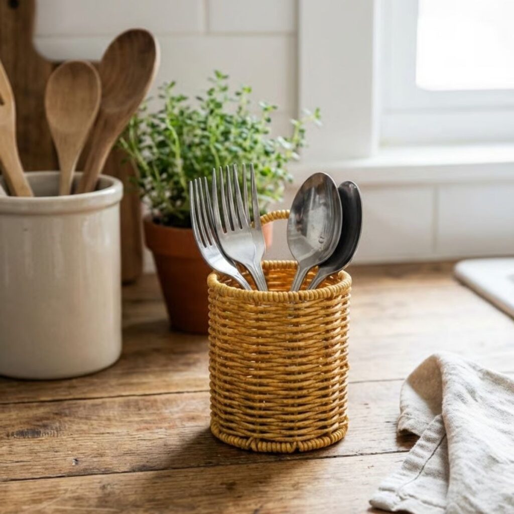 BUFFER® Yuvarlak Hasır Dokulu Plastik Rattan Kaşıklık & Çatallık – Askılı Kendiliğinden Tutmalı Çok Amaçlı Mutfak Organizeri
