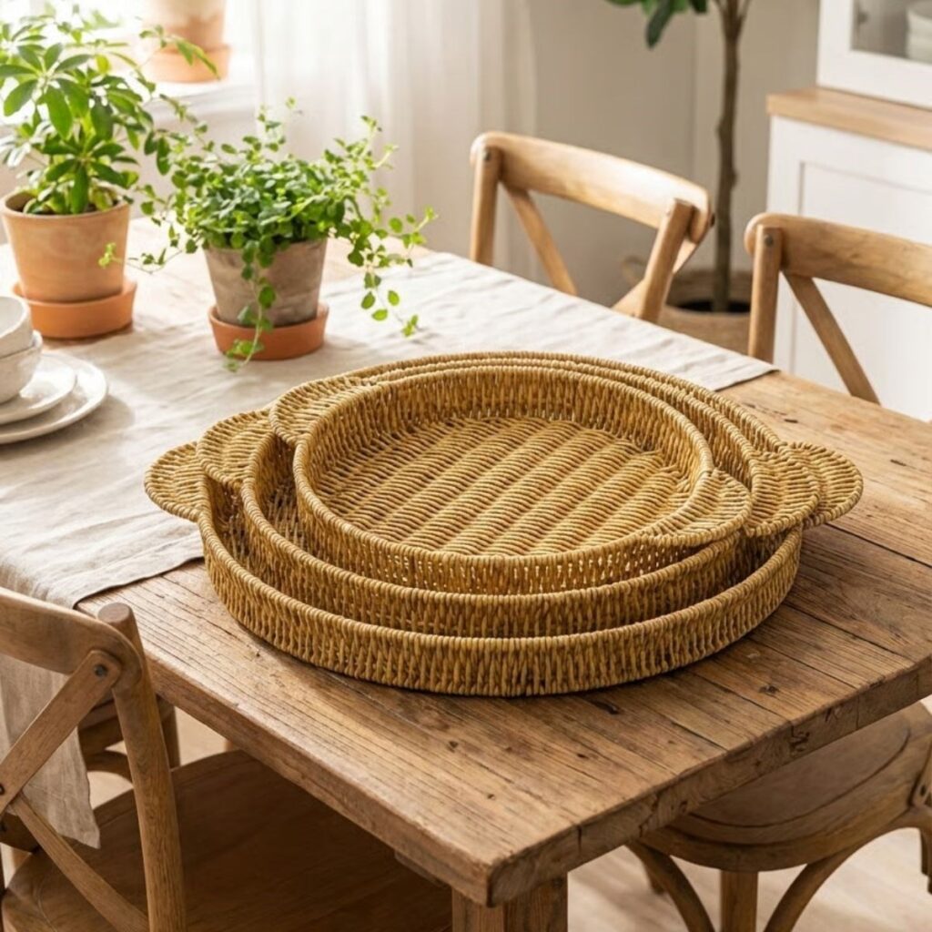 BUFFER® İç İçe Geçebilen 3’lü Yuvarlak Plastik Rattan Tepsi Seti–Hasır Görünümlü Çok Amaçlı Servis ve Sunum Tepsileri