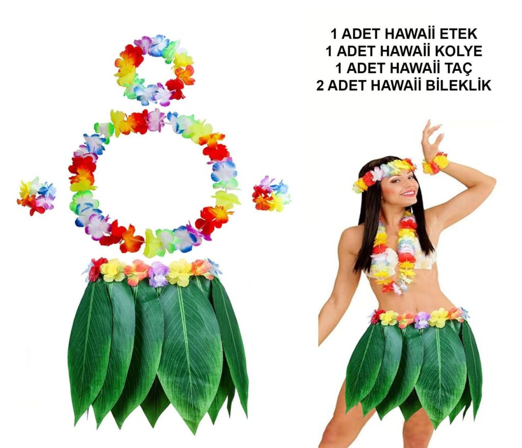 Mey İthalat® Yetişkin Hawaii Kostüm Seti - Yaprak Etek & Hawaii Set - 5 Parça